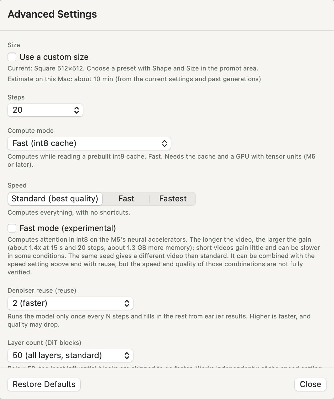 The Advanced Settings dialog. From the top: Size (Use a custom size, the current size and the estimate on this Mac), Steps 20, Compute mode Fast (int8 cache), Speed with Standard (best quality), Fast and Fastest, the Fast mode (experimental) checkbox, Denoiser reuse 2 (faster) and Layer count 50 (all layers, standard), with Restore Defaults and Close buttons at the bottom.