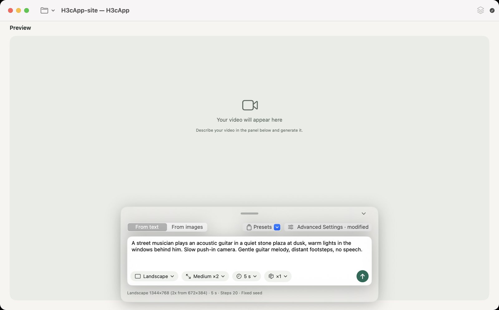 The H3cApp window in English. In the panel at the bottom: a From text / From images switch at the top left, Presets and Advanced Settings at the top right, the prompt field in the middle, buttons reading Landscape, Medium ×2, 5 s and ×1 below it, and the up-arrow generate button at the bottom right.