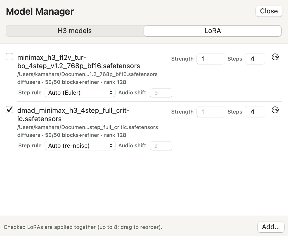 The LoRA tab of the Model Manager. Two LoRAs are registered, a Turbo LoRA and DMAD, each with a checkbox, the file name, its location, the line “diffusers · 50/50 blocks+refiner · rank 128”, and Strength and Steps fields. Below each are a Step rule menu (“Auto (Euler)” for Turbo, “Auto (re-noise)” for DMAD) and an Audio shift field. DMAD is checked. An Add… button is at the bottom right.