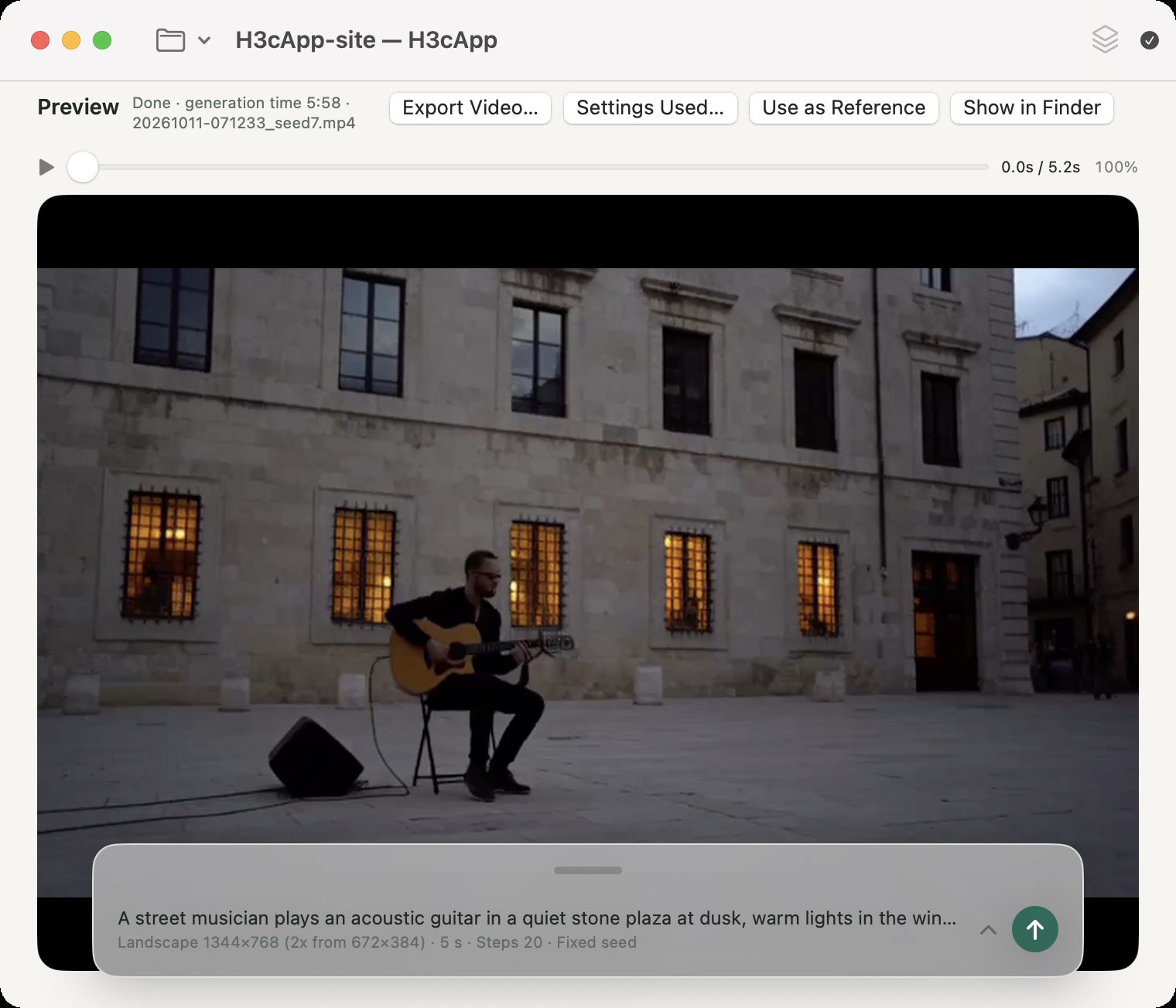 The H3cApp window in English. The preview shows a generated landscape video of a person playing guitar in a stone plaza at dusk, with Export Video…, Settings Used…, Use as Reference and Show in Finder buttons above it, and the collapsed prompt panel with a summary line and the up-arrow generate button below.